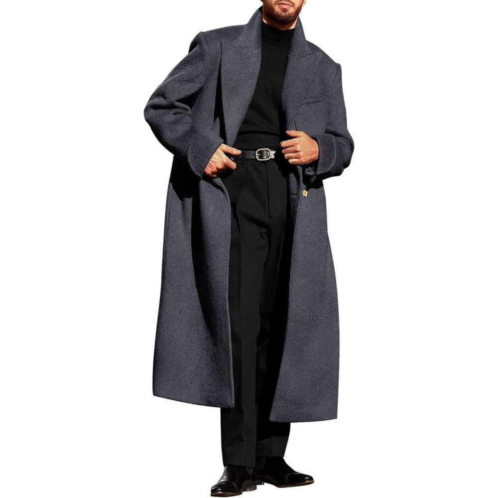 Men's Dark Grey Wool Blend Pea Coat Notched Collar Double Breasted Trench Coats